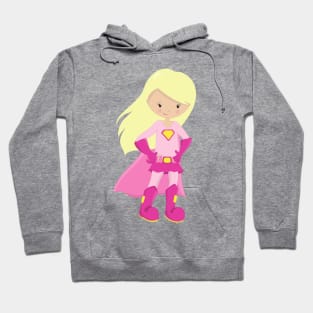 Superhero Girl, Blonde Hair, Cute Girl, Pink Cape Hoodie